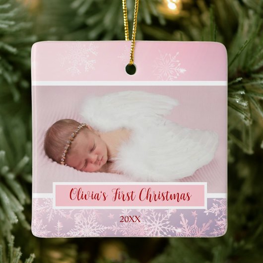 Roze Kerstfoto Sneeuwvlok Eerste Kerstmis Keramisch Ornament