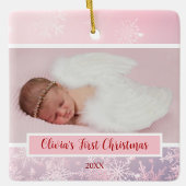 Roze Kerstfoto Sneeuwvlok Eerste Kerstmis Keramisch Ornament