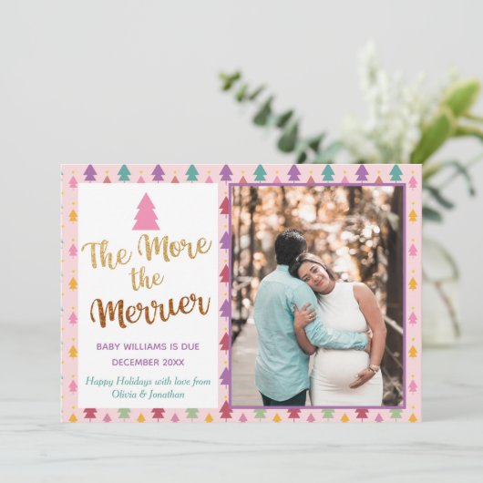 Roze kerstfoto's Regenboogvakantie Zwangerschap Aankondiging (Staand voorkant)