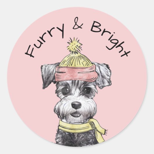Roze Kersthond Fluffy & Stralende Terrier Schattig Ronde Sticker (Voorkant)