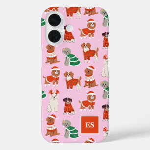 Roze Kersthonden Gepersonaliseerd Meisje Monogram iPhone 16 Hoesje