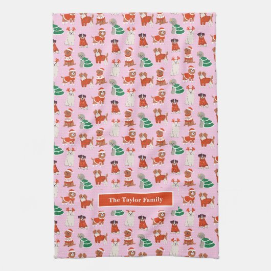 Roze Kersthonden gepersonaliseerd Theedoek (Verticaal)