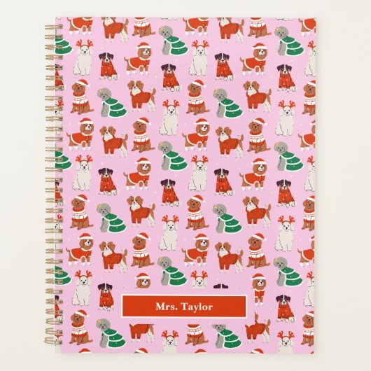 Roze Kersthonden Leraar gepersonaliseerd Planner (Voorkant)