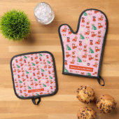 Roze Kersthonden Meisje gepersonaliseerd Ovenwant & Pannenlap Set (Top down)