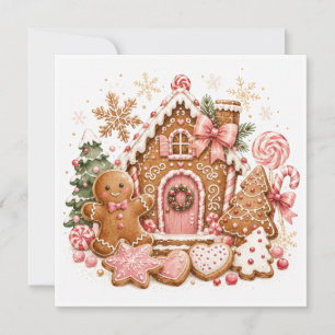 Roze kersthuisje van peperkoek met snoepriet kaart