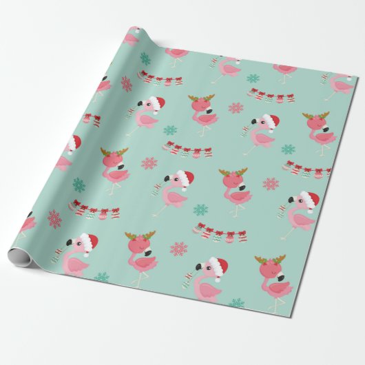 Roze kerstinpakpapier voor Flamingo Cadeaupapier (Uitgerold)
