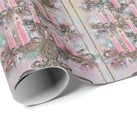 Roze Kerstkaarsen Boom Vintage  Cadeaupapier (Rol Hoek)