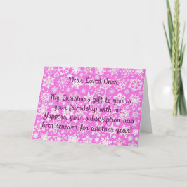 Roze kerstkaart met sneeuwvlokken en een sarcastis kaart