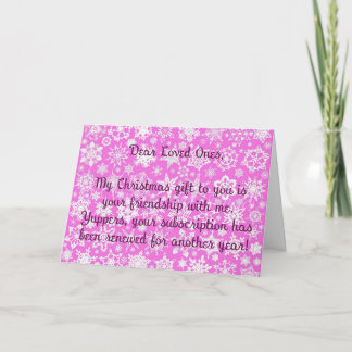 Roze kerstkaart met sneeuwvlokken en een sarcastis kaart