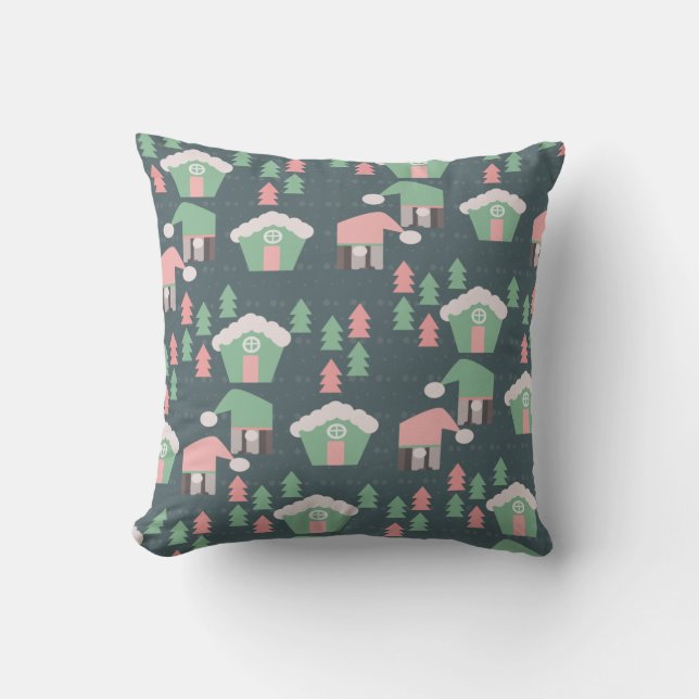 Roze Kerstkabouter Dorp Gengerekoek Huizen Kussen (Voorkant)
