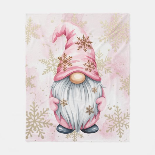 Roze Kerstkabouter Gouden Sneeuwvlokken Fleece Deken (Voorkant)