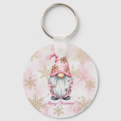 Roze Kerstkabouter Gouden Sneeuwvlokken Sleutelhanger (Voorkant)
