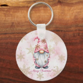 Roze Kerstkabouter Gouden Sneeuwvlokken Sleutelhanger (Voorkant)