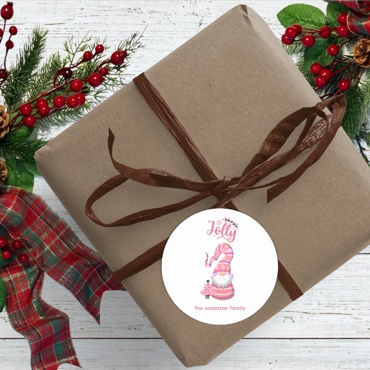 Roze Kerstkabouter Met Boom Jolly Ronde Sticker