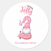 Roze Kerstkabouter Met Boom Jolly Ronde Sticker (Voorkant)