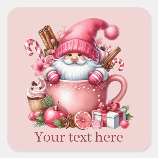 Roze Kerstkabouter tekst toevoegen Vierkante Sticker (Voorkant)