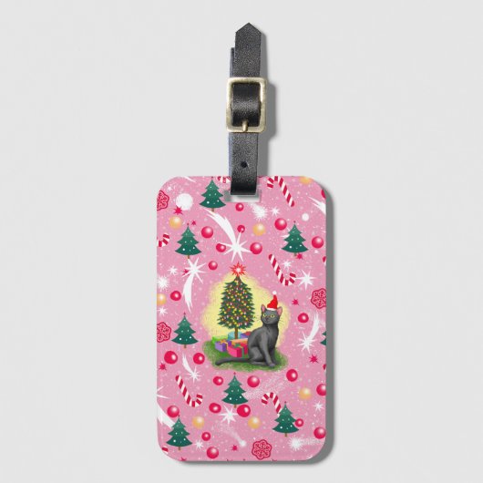 Roze Kerstkat Bagagelabel (Voorkant (verticaal))
