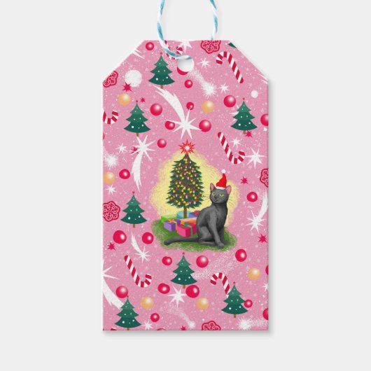 Roze Kerstkat Cadeaulabel (Voorkant)