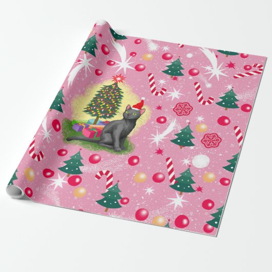 Roze Kerstkat Cadeaupapier (Uitgerold)