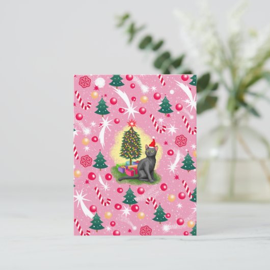 Roze Kerstkat Feestdagenkaart (Staand voorkant)