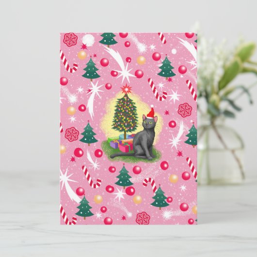 Roze Kerstkat Kaart (Staand voorkant)