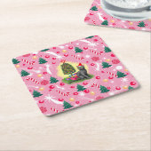 Roze Kerstkat Kartonnen Onderzetters (Schuin)