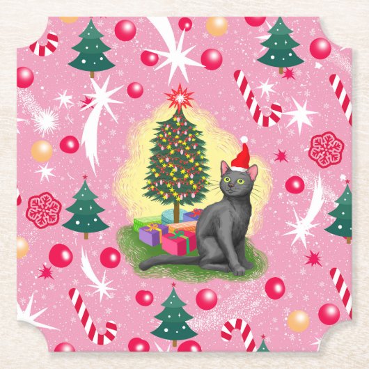 Roze Kerstkat Kartonnen Onderzetters (Voorkant)