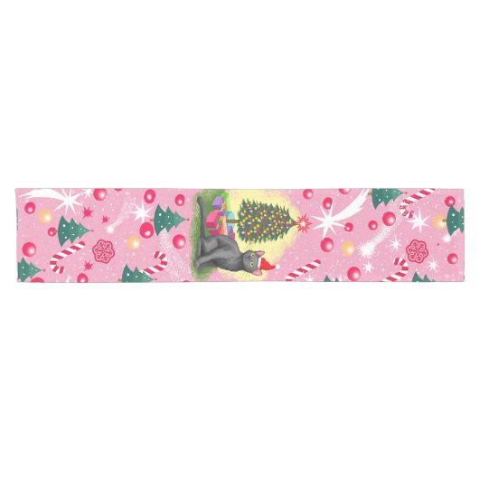 Roze Kerstkat Korte Tafelloper (Horizontaal)