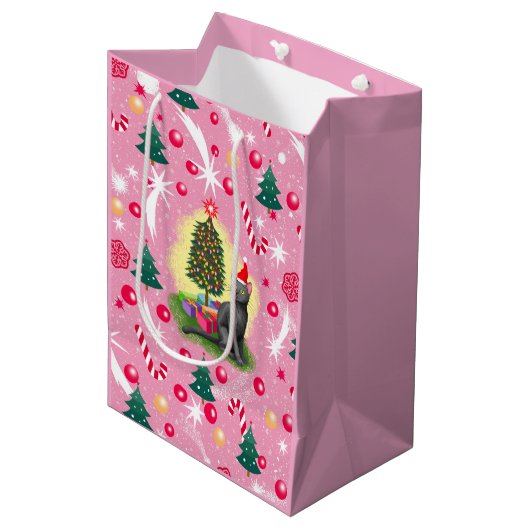 Roze Kerstkat Medium Cadeauzakje (Voorkant Gekanteld)