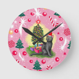 Roze Kerstkat Ronde Klok