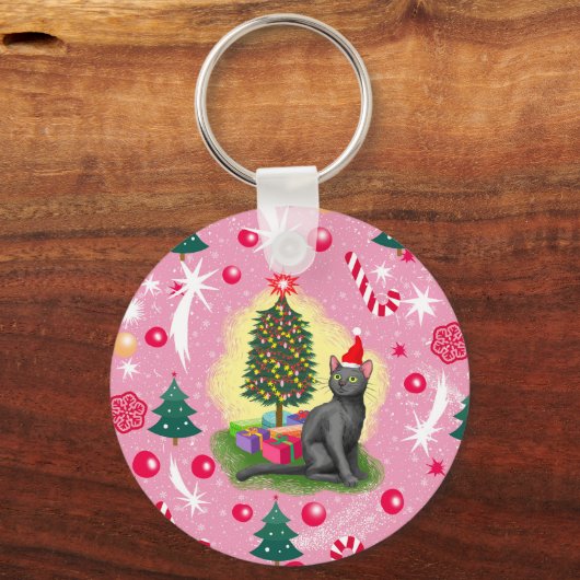 Roze Kerstkat Sleutelhanger (Voorkant)
