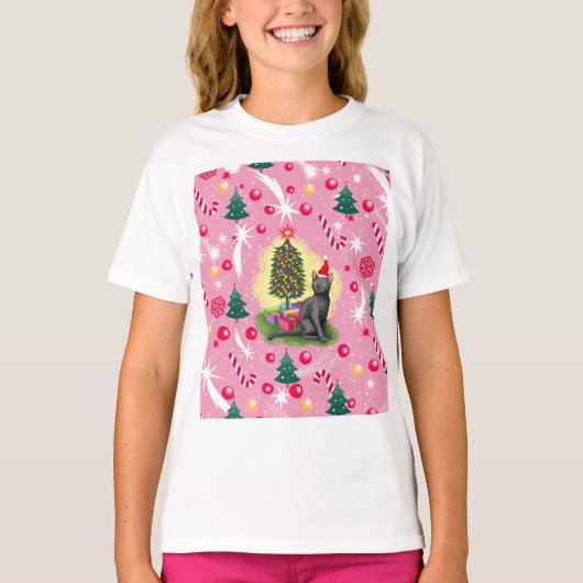 Roze Kerstkat T-shirt (Voorkant)