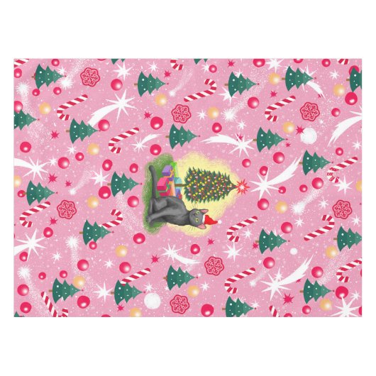 Roze Kerstkat Tafelkleed (Voorkant (Horizontaal))