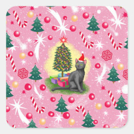 Roze Kerstkat Vierkante Sticker