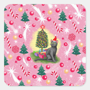 Roze Kerstkat Vierkante Sticker