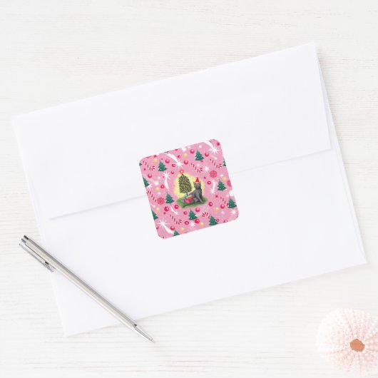 Roze Kerstkat Vierkante Sticker (Envelop)