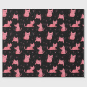 Roze kerstkatten op zwart cadeaupapier (Vlak)