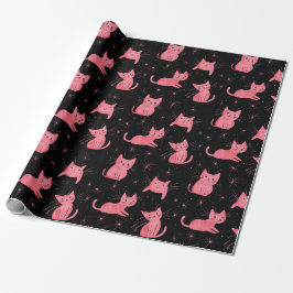 Roze kerstkatten op zwart cadeaupapier