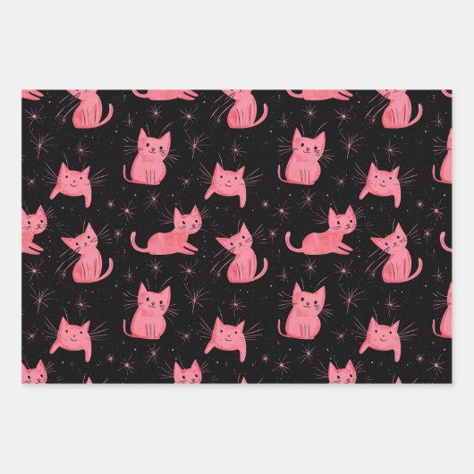 Roze kerstkatten op zwart inpakpapier vel (Voorkant)
