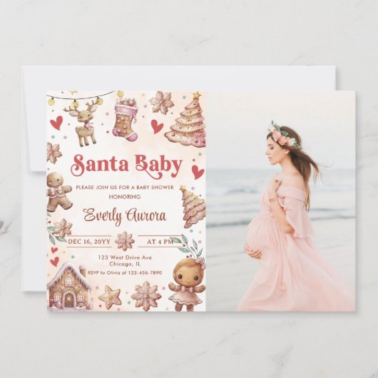 Roze Kerstkoekje Baby shower Fotouitnodiging Kaart (Voorkant)