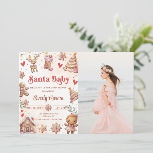 Roze Kerstkoekje Baby shower Fotouitnodiging Kaart (Staand voorkant)