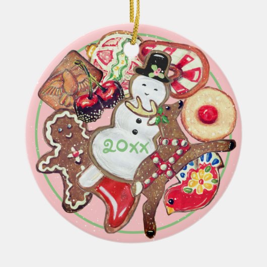 Roze kerstkoekje Exchange Bord Datum naam Keramisch Ornament (Voorkant)