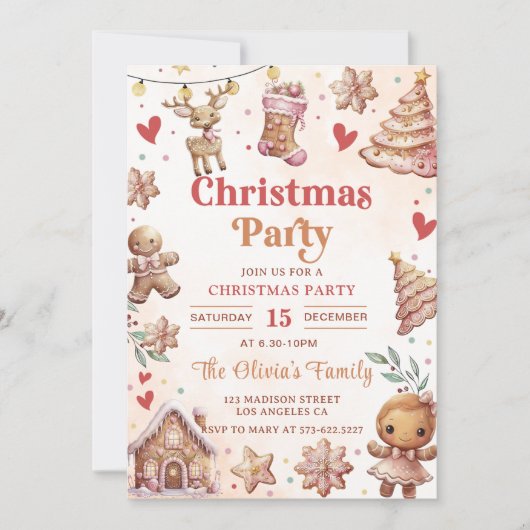 Roze Kerstkoekje Kerstfeest Uitnodiging (Voorkant)