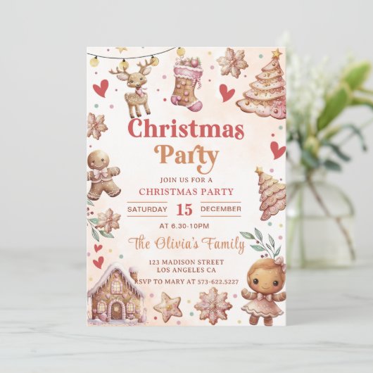 Roze Kerstkoekje Kerstfeest Uitnodiging (Staand voorkant)