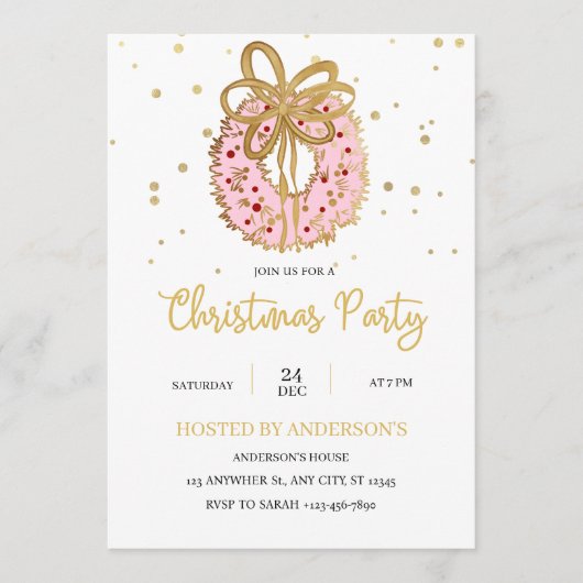 Roze Kerstkrans met gouden strik  Kaart (Voorkant)