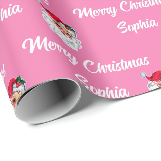  roze kerstman | Aangepaste naam Vrolijk Kerstfees Cadeaupapier (Rol Hoek)