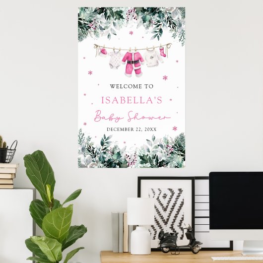 Roze Kerstman Baby Baby shower Welkomstbord Poster (Thuiskantoor)