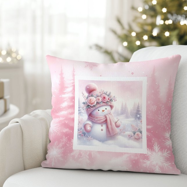 Roze Kerstman Bos Kerst Kussen Kinderen Cadeau (Pinkmas Snowman Forest Christmas Pillow Kids Gift)