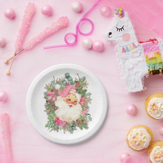 Roze kerstman en Floral Spray Papieren Bordje (Feest)