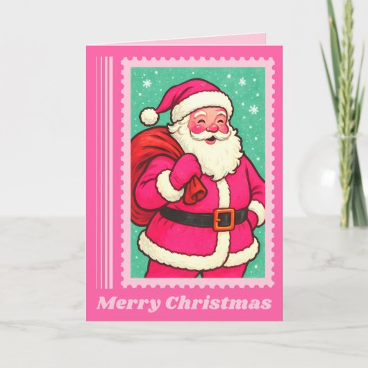 Roze Kerstman Kerst Postzegel Feestdagen Kaart (Voorkant)